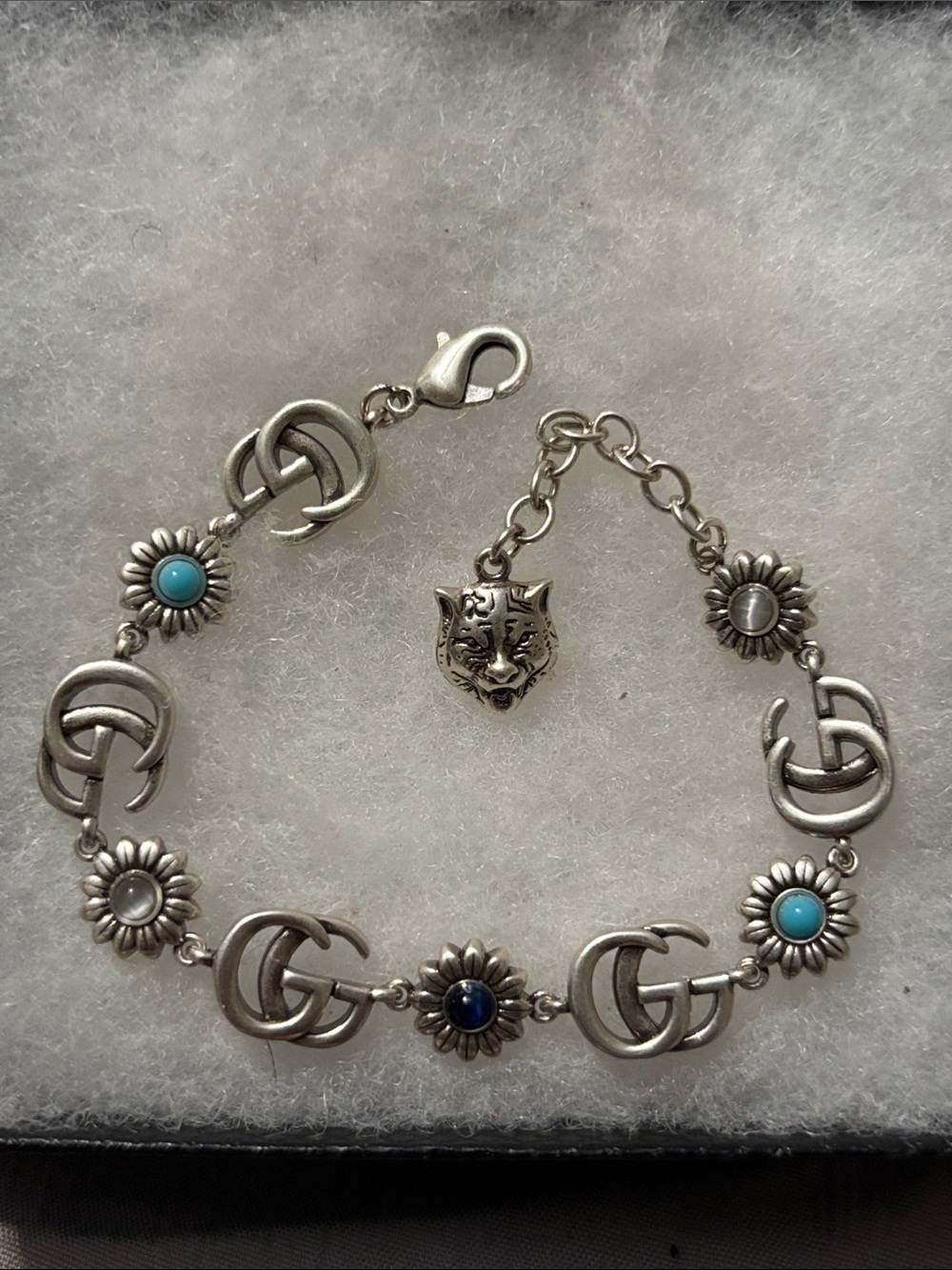 Gucci Sterling-Tone Floral Link Bracelet with Blue and Turquoise Accents